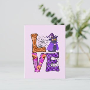 LOVE Halloween Design with Black Witch Cat Postcard