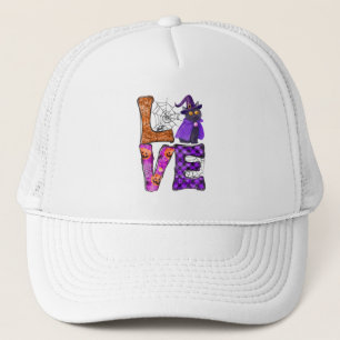 LOVE Halloween Design with Black Witch Cat Trucker Hat