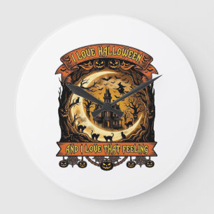 Love Halloween Haunted House Crescent Moon Black C Large Clock