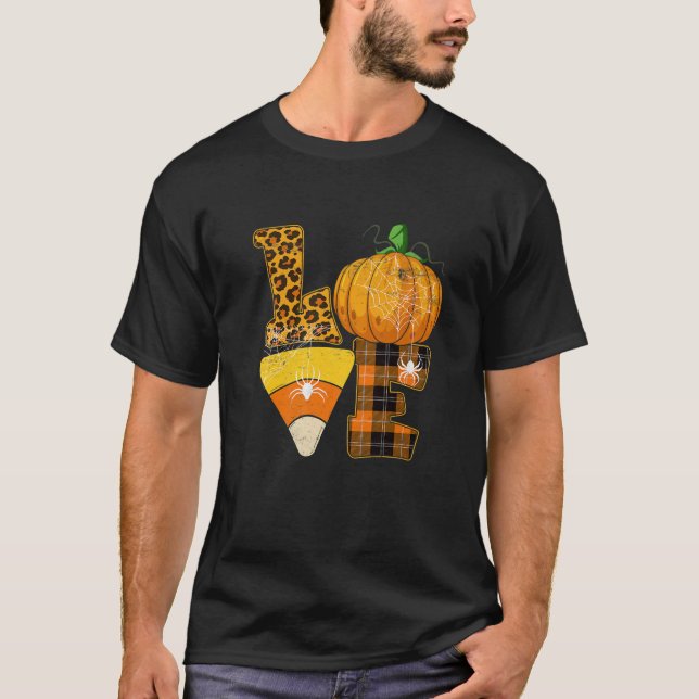 LOVE Halloween Pumpkin Funny Corn Candy Corn Leopa T-Shirt (Front)