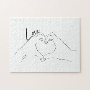 Love Hand Heart Line Art Drawing Cute Modern Jigsaw Puzzle