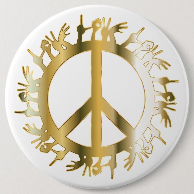 LOVE HANDS PEACE SIGN 6 CM ROUND BADGE (Front)