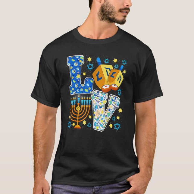 LOVE Hanukkah Chanukah Decorations Dreidel Menorah T-Shirt (Front)