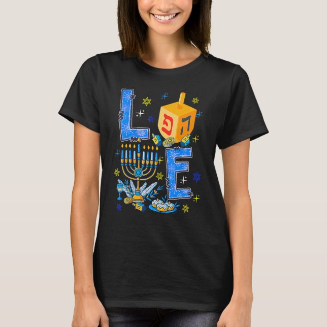 LOVE Hanukkah Decorations Cute Dreidel Menorah Jew T-Shirt (Front)