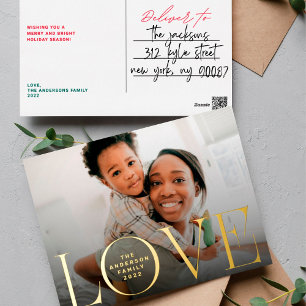 LOVE happy holidays Modern photo merry christmas Foil Holiday Postcard