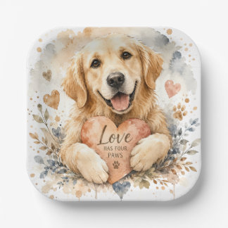 Love Has Four Paws Golden Retriever Watercolor Dog Paper Plate