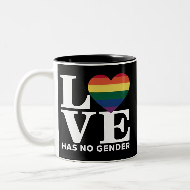 Love Has No Gender LGBTQ Rainbow Pride Month Two-Tone Coffee Mug (Left)