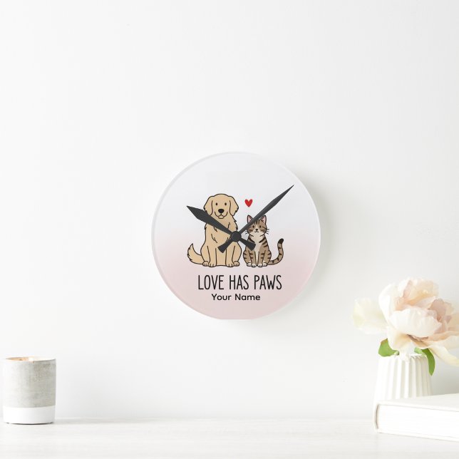 Love Has Paws | Cute Minimalist Dog and Cat Illust Round Clock (Creator Uploaded)