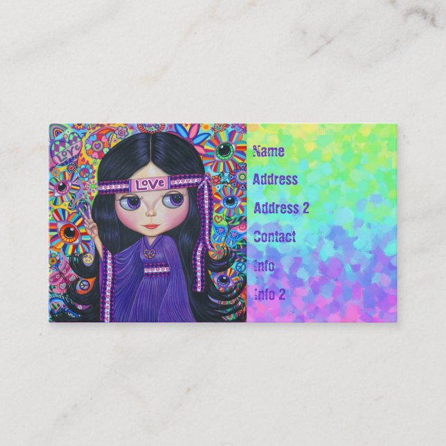 Love Headband Hippie Girl Doll Purple Psychedelic Business Card (Front)