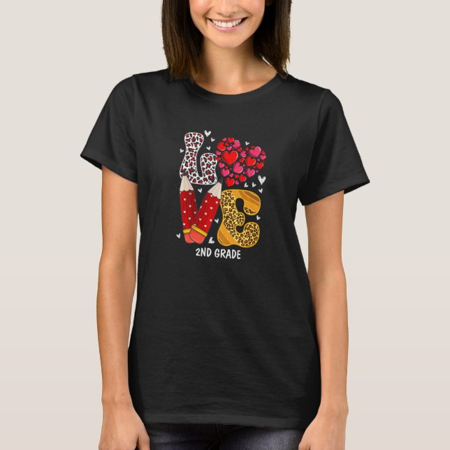 LOVE Heart 2nd Grade Teacher Leopard Valentines Da T-Shirt (Front)