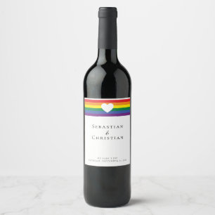 Love Heart and Rainbow Gay Wedding Wine Label