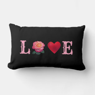 Love Heart and Rose Flower on Black Lumbar Cushion