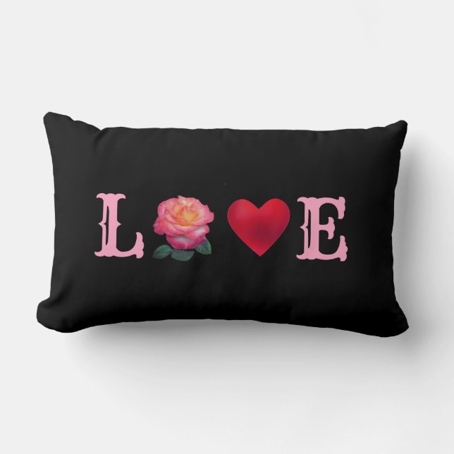Love Heart and Rose Flower on Black Lumbar Cushion (Front)