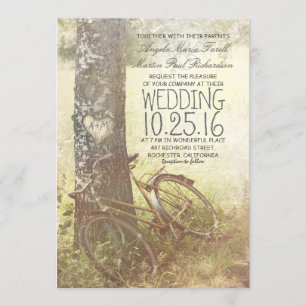 Love heart birch tree and bicycle rustic wedding invitation