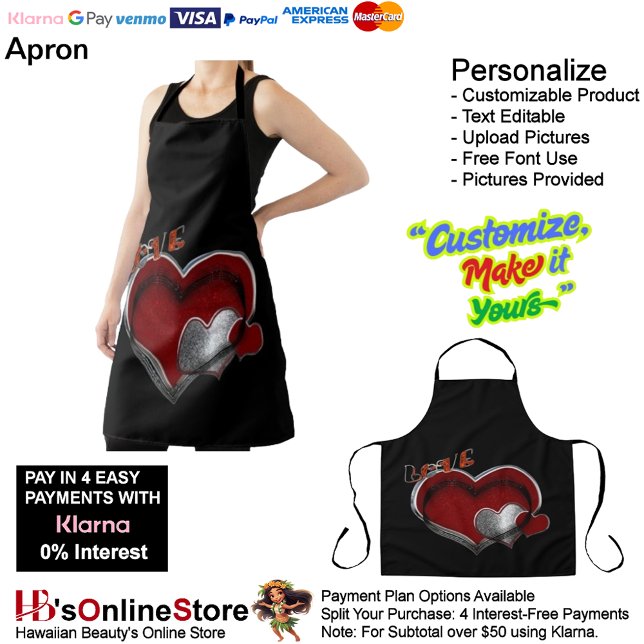 Love Heart Black Kitchen Cooking Mess Free Large Apron (Love Heart Black Kitchen Cooking Mess Free Large Apron.)