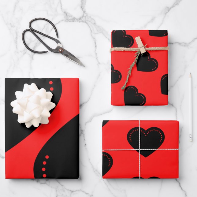 Love Heart Black Valentine's Wrapping Paper Sheets (Front)