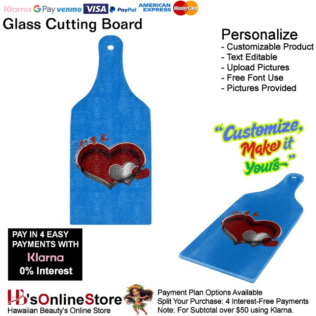 Love Heart Blue Kitchen Cooking Glass  Cutting Board (Love Heart Blue Cooking Kitchen Glass Cutting Board.)