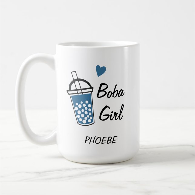 Love Heart Boba Girl Custom Personalised Novelty Coffee Mug (Left)