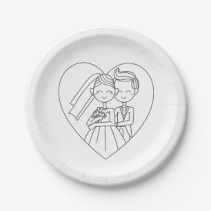 Love Heart Bride & Groom Black And White Wedding Paper Plate