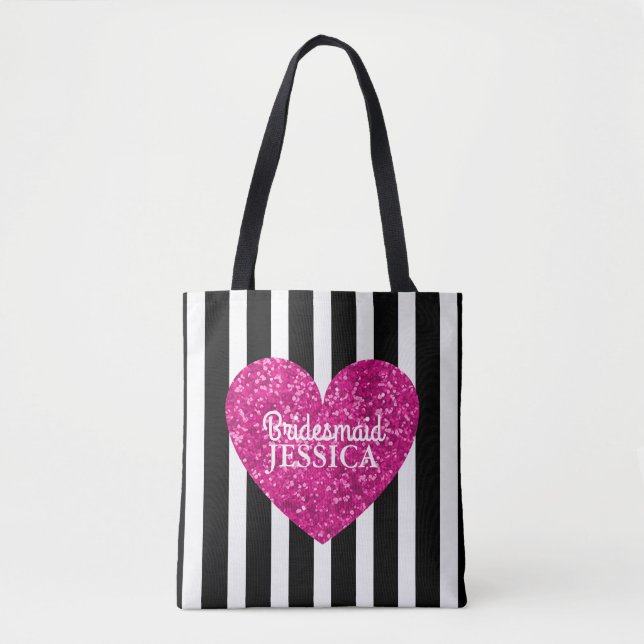 Love Heart Bridesmaid Pink Black White Stripe Tote Bag (Front)