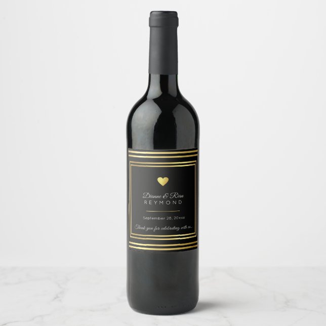 Love heart classy & elegant wedding black wine label (Front)