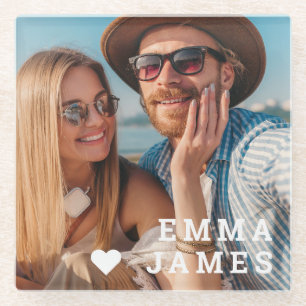 Love Heart Couple Photo Personalised Names Gift Glass Coaster