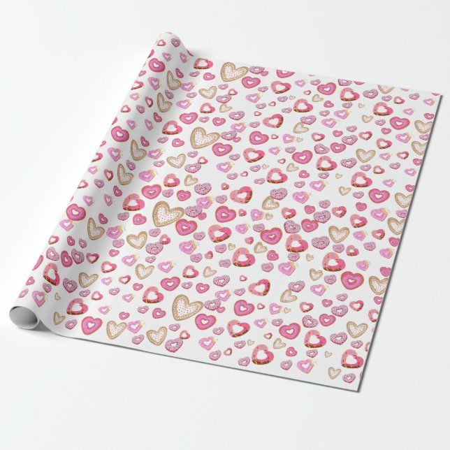 Love heart doughnuts sweet pastry pink valentine wrapping paper (Unrolled)