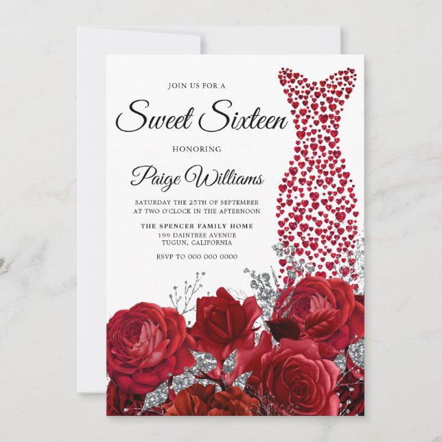 Love Heart Dress Red Roses Sweet 16 Party Invitation (Front)