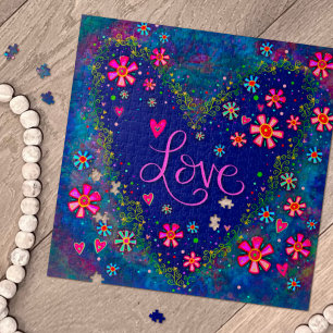 Love Heart Flowers Blue Pretty Inspirivity Jigsaw Puzzle