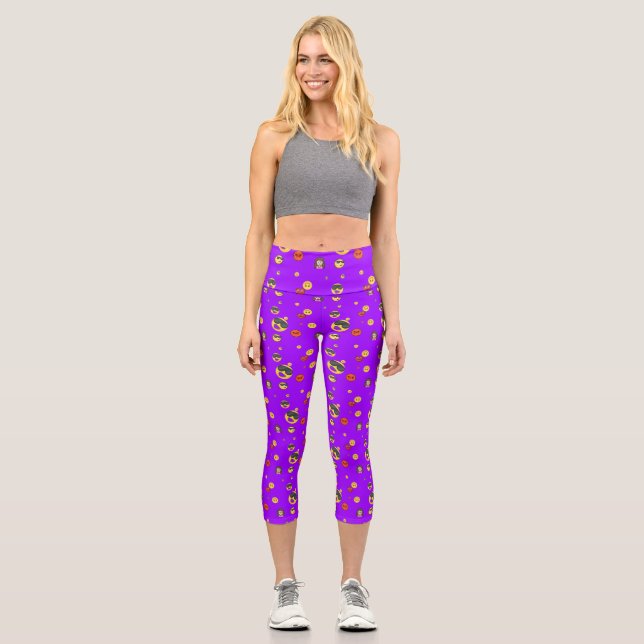 Love, heart, funny, girl emoji on neon purple capri leggings (Front)