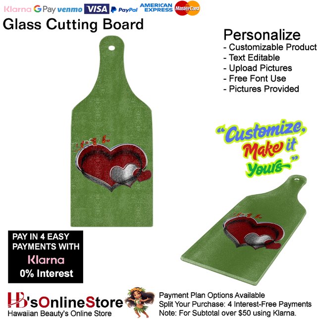 Love Heart Green Kitchen Cooking Glass  Cutting Board (Love Heart Green Cooking Kitchen Glass Cutting Board.)