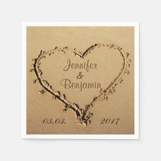 Love Heart in the Sand Personalised Names Wedding Napkin (Front)