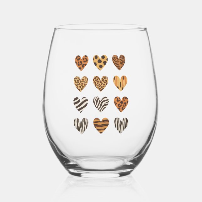 Love Heart Leopard Cute Valentine's Day  Stemless Wine Glass (Back)