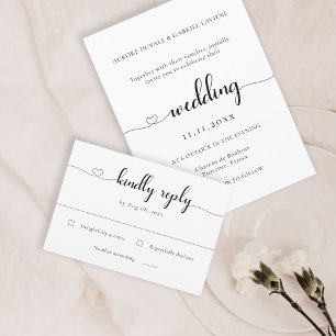 Love Heart Modern Black And White Wedding RSVP Invitation