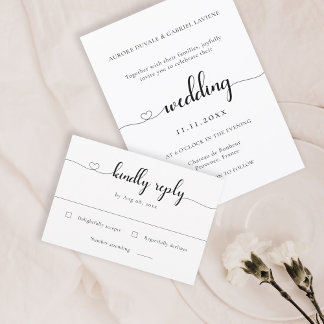 Love Heart Modern Black And White Wedding RSVP  Invitation