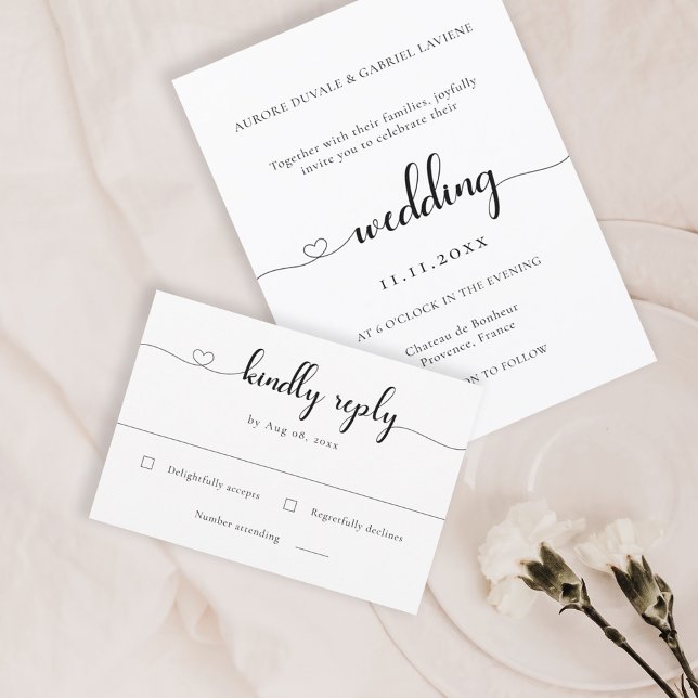 Love Heart Modern Black And White Wedding RSVP  Invitation (Creator Uploaded)