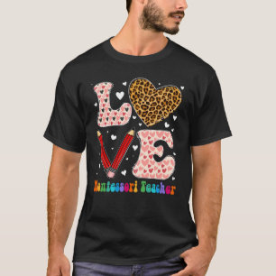 Love Heart Montessori Teacher Leopard Plaid Valent T-Shirt