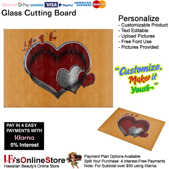 Love Heart Orange Black Kitchen Cooking Glass  Cutting Board (Love Heart Orange Cooking Glass Cutting Board.)