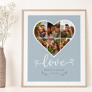 Love Heart Photo Collage Grid Couple Blue Poster