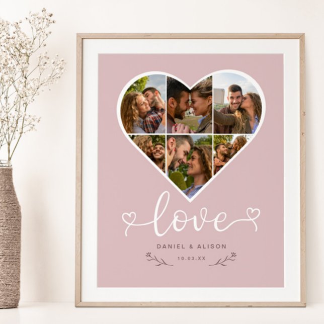 Love Heart Photo Collage Grid Couple Blush Poster (Creator Uploaded)