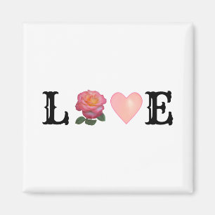 Love Heart & Pink Rose Flower Magnet