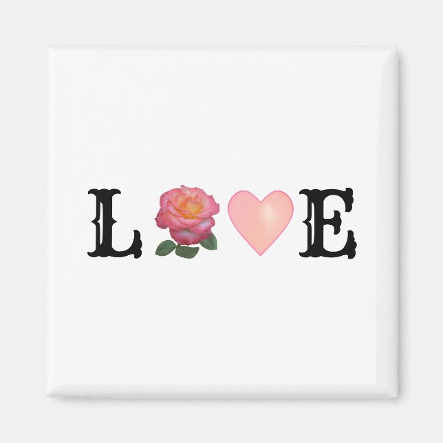 Love Heart & Pink Rose Flower Magnet (Front)