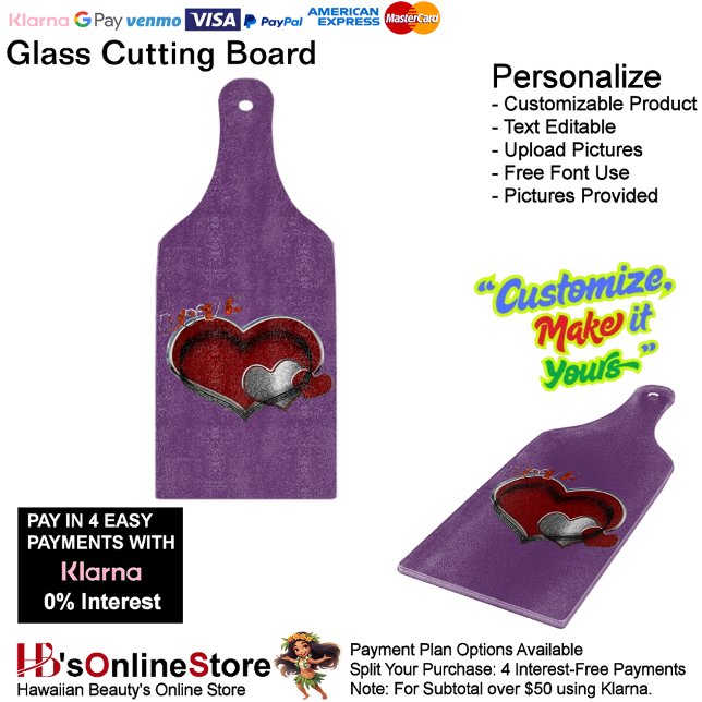 Love Heart Purple Kitchen Cooking Glass  Cutting Board (Love Heart Purple Cooking Kitchen Glass Cutting Board.)