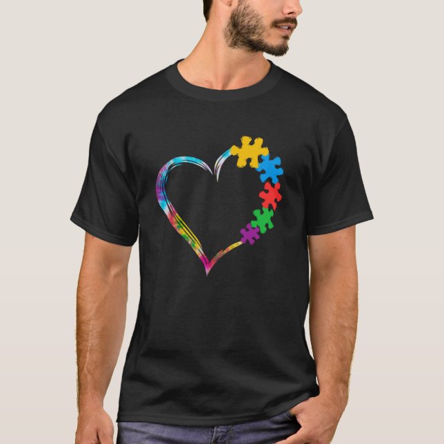 Love Heart Puzzle Pieces Tie Dye Autism Awareness  T-Shirt (Front)