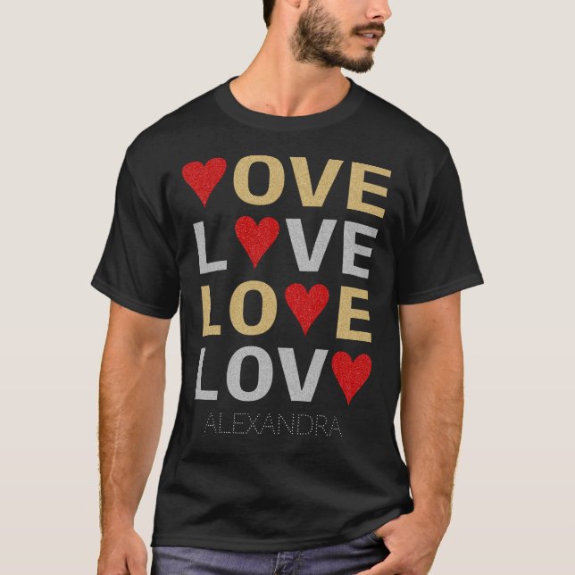 Love Heart Red Gold Silver Glitter Custom Name T-Shirt (Front)