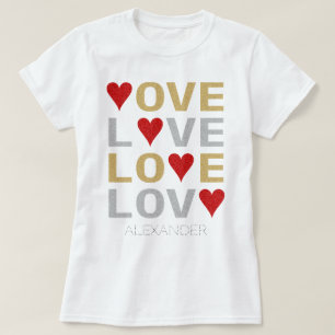Love Heart Red Gold Silver Glitter Name Customised T-Shirt
