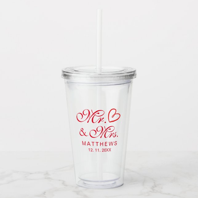 Love Heart red Personalised Wedding mr & mrs  Acry Acrylic Tumbler (Front)