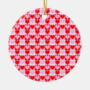 Love Heart Red Pink and White Check Pattern Ceramic Ornament