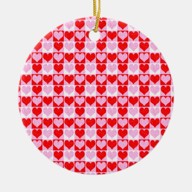Love Heart Red Pink and White Check Pattern Ceramic Ornament (Front)