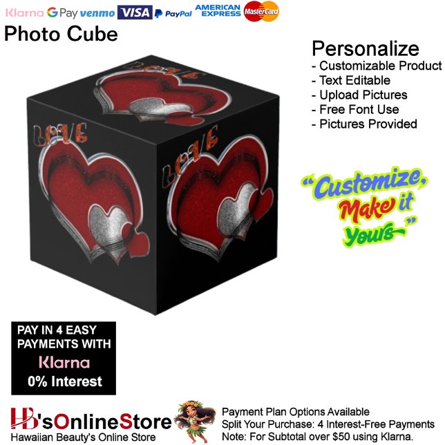 Love Heart Red Silver with Black Background Cube (Love Heart Red Silver with Black Background Cube.)